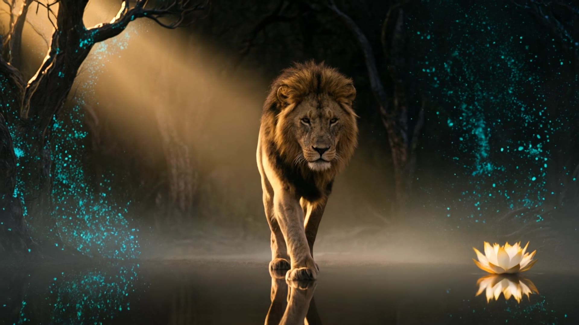 León caminando entre luz y partículas doradas